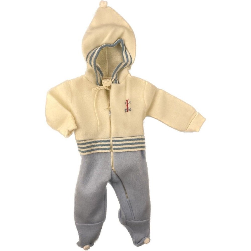 Cuddler by Doespun NWT VINTAGE Baby Apres Ski Footed Zip Pom Pom 15-21 Lbs Cream